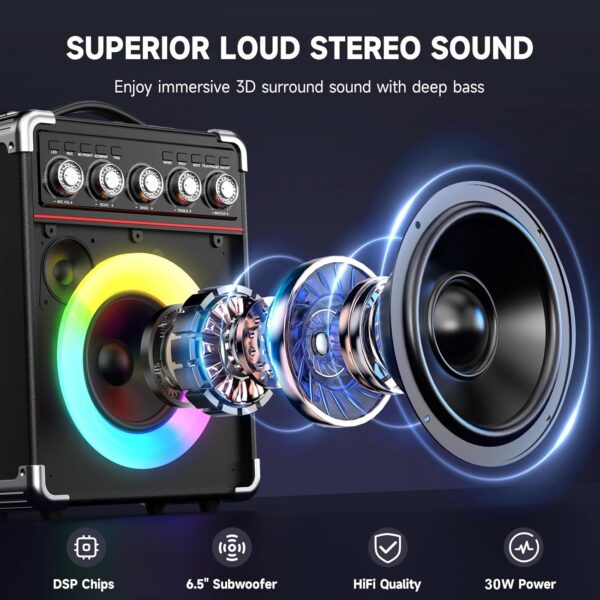 Karaoke Machine, Portable Bluetooth Speaker with 2 Wireless Microphones - Image 2