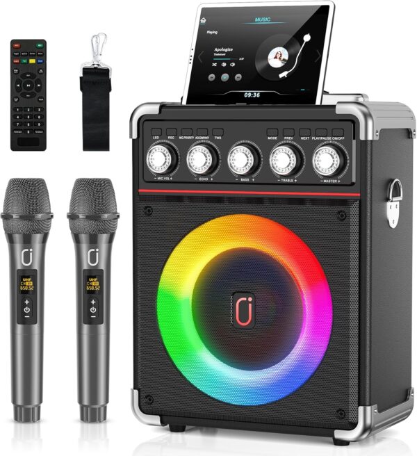 Karaoke Machine, Portable Bluetooth Speaker with 2 Wireless Microphones